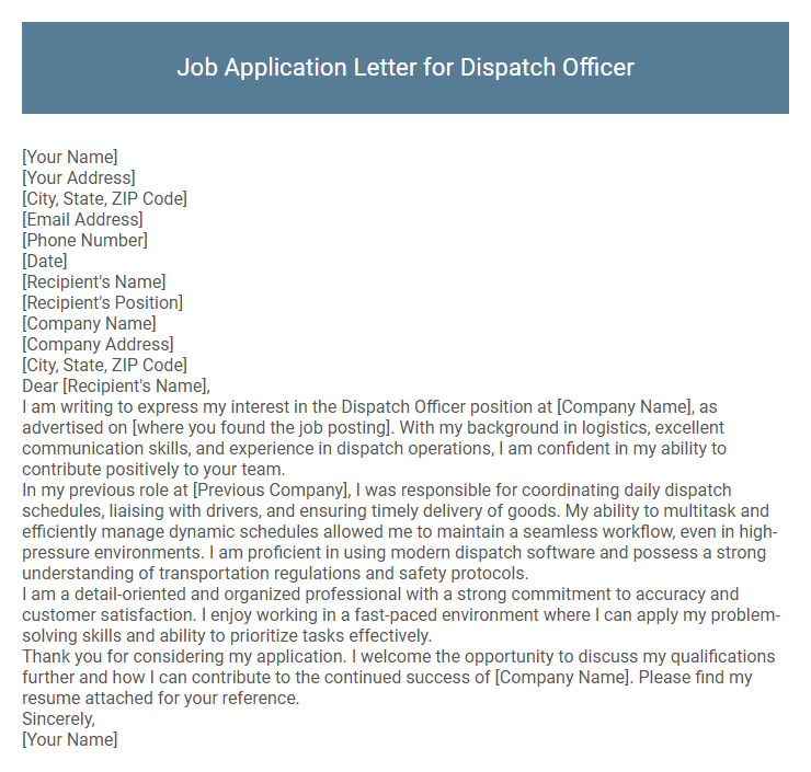 Job Application Letter for Dispatch Officer