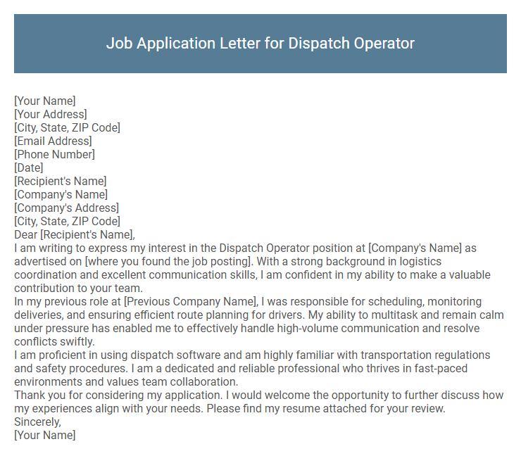 Job Application Letter for Dispatch Operator