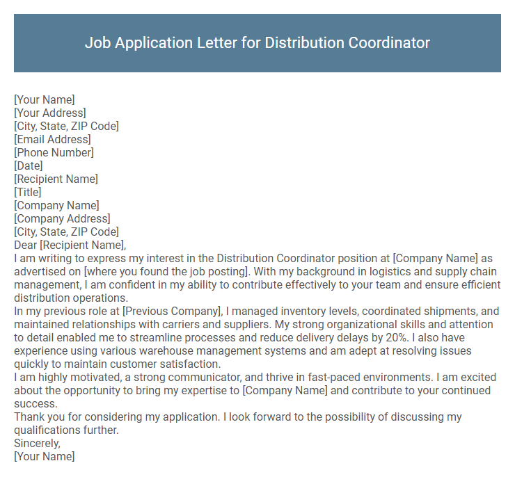 Job Application Letter for Distribution Coordinator
