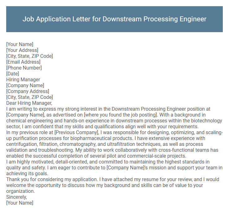 Job Application Letter for Downstream Processing Engineer