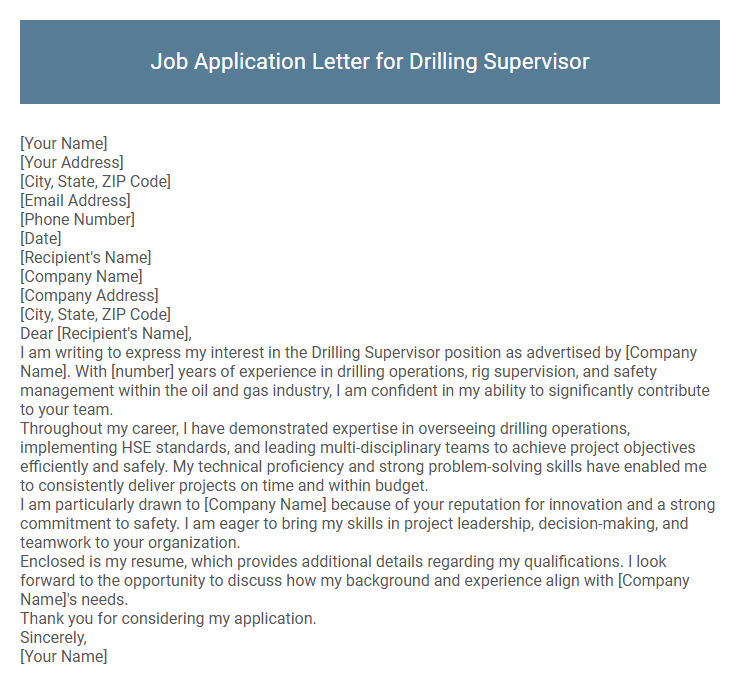Job Application Letter for Drilling Supervisor