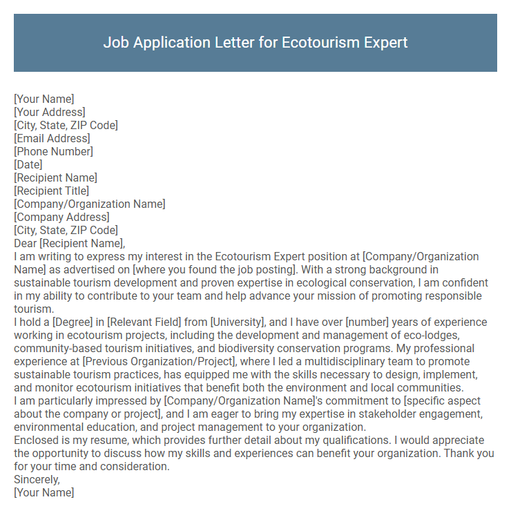 Job Application Letter for Ecotourism Expert