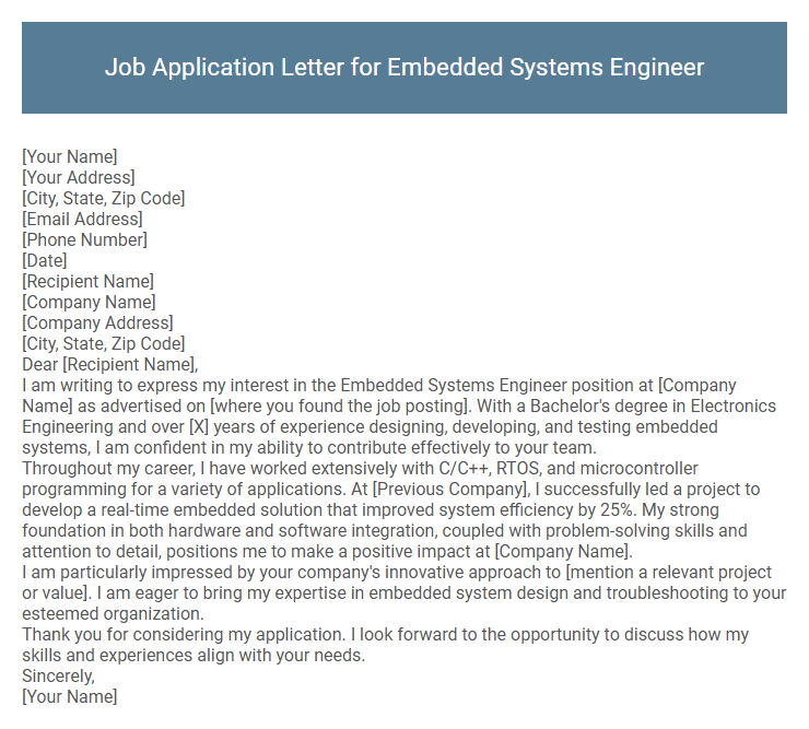 Job Application Letter for Embedded Systems Engineer