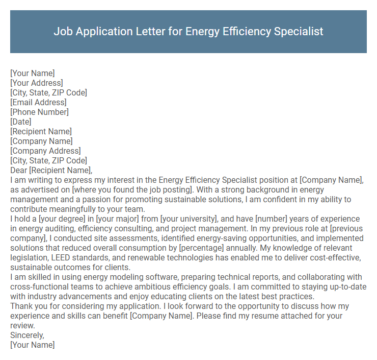 Job Application Letter for Energy Efficiency Specialist