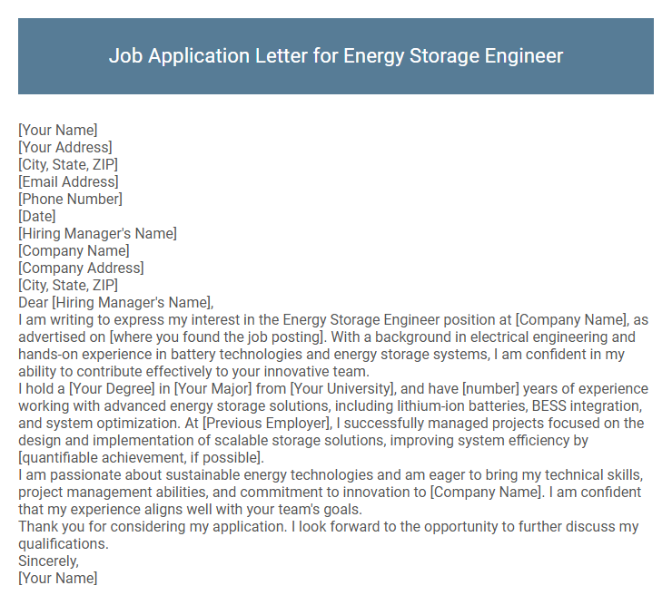 Job Application Letter for Energy Storage Engineer