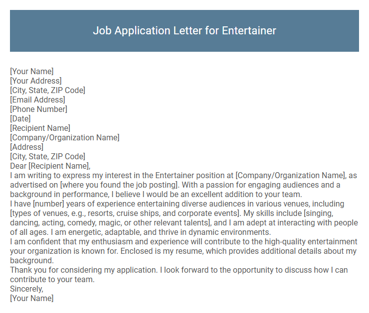 Job Application Letter for Entertainer