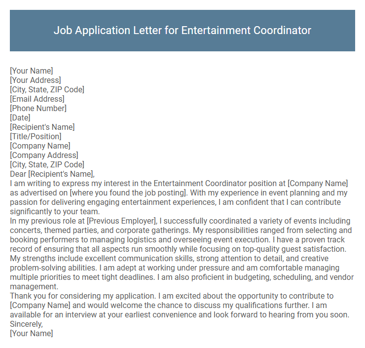 Job Application Letter for Entertainment Coordinator