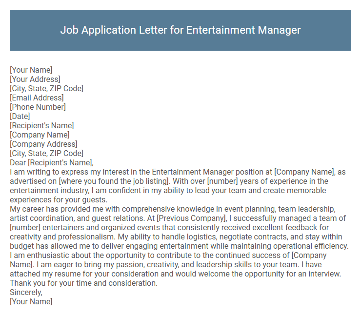 Job Application Letter for Entertainment Manager