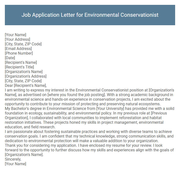 Job Application Letter for Environmental Conservationist