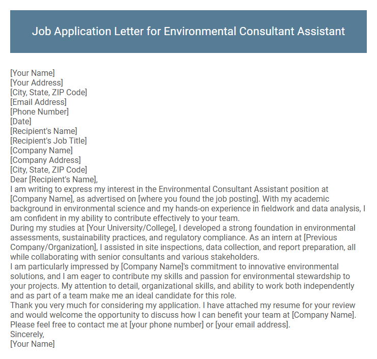 Job Application Letter for Environmental Consultant Assistant