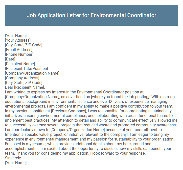 Job Application Letter for Environmental Coordinator