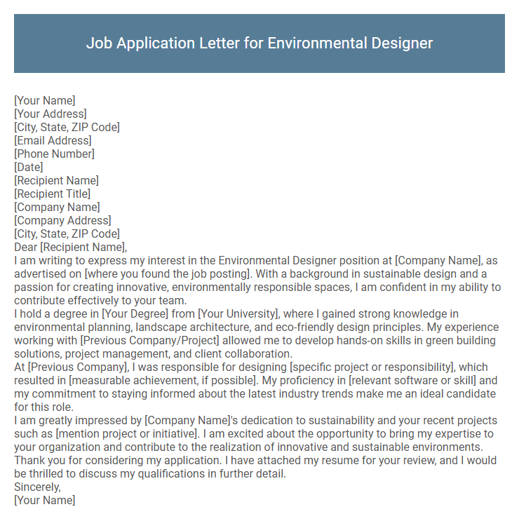 Job Application Letter for Environmental Designer