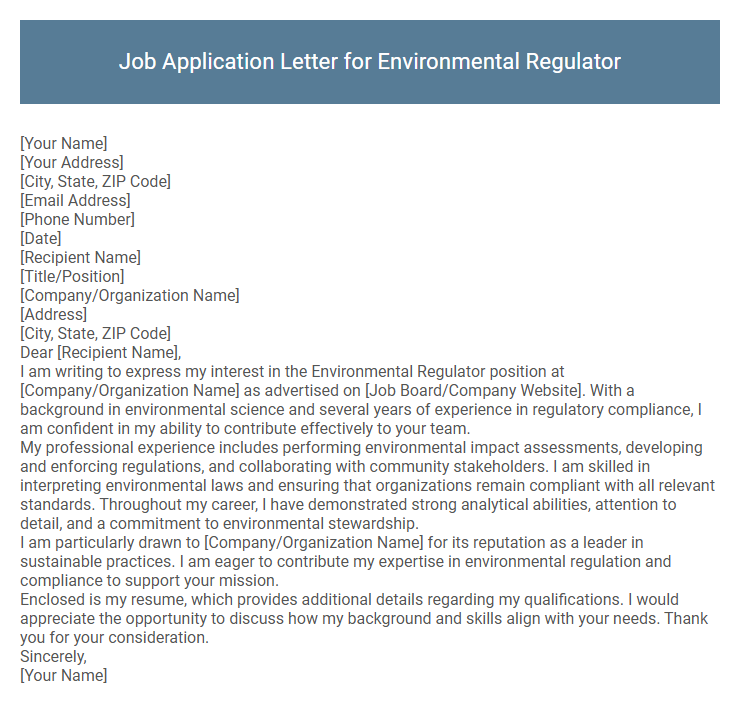 Job Application Letter for Environmental Regulator