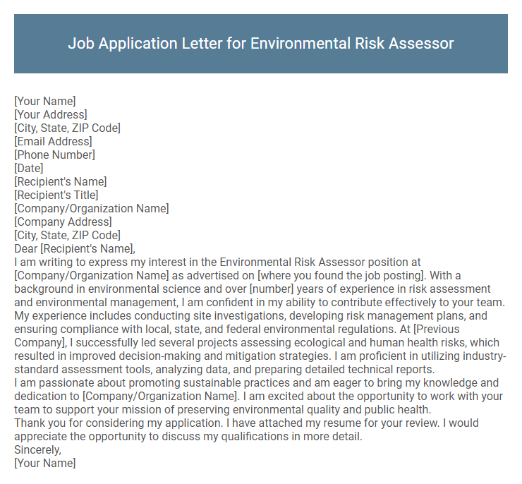 Job Application Letter for Environmental Risk Assessor