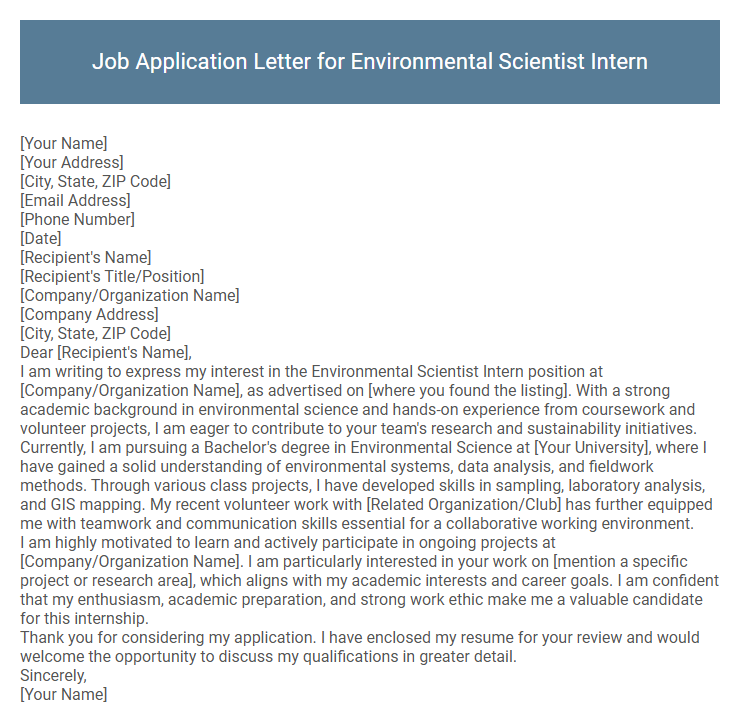 Job Application Letter for Environmental Scientist Intern