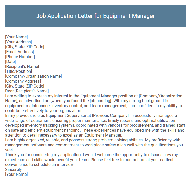 Job Application Letter for Equipment Manager