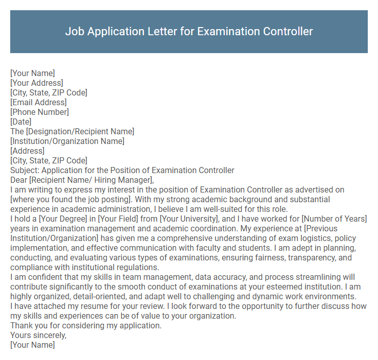Job Application Letter for Examination Controller