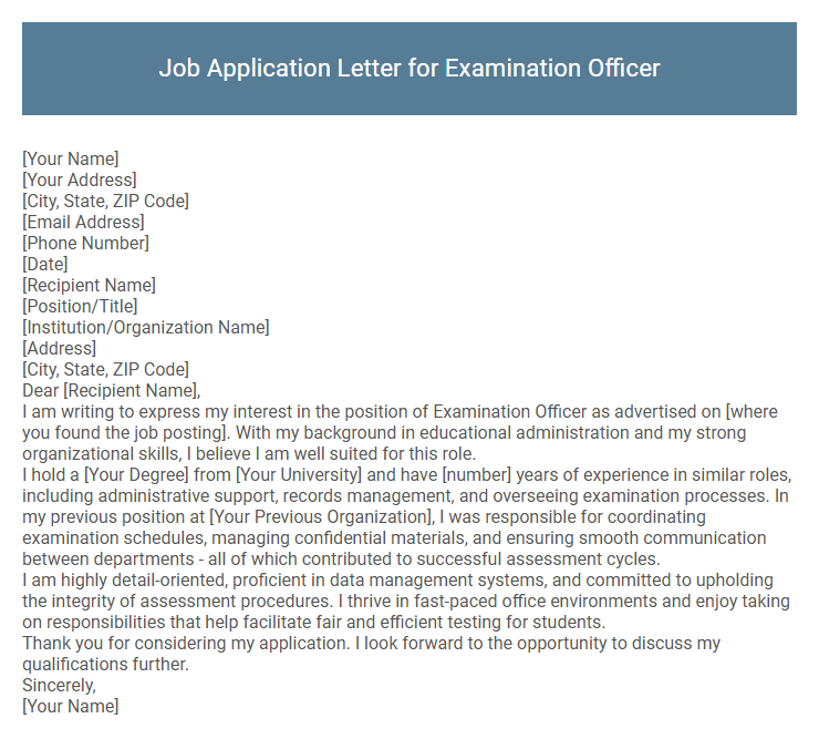 Job Application Letter for Examination Officer