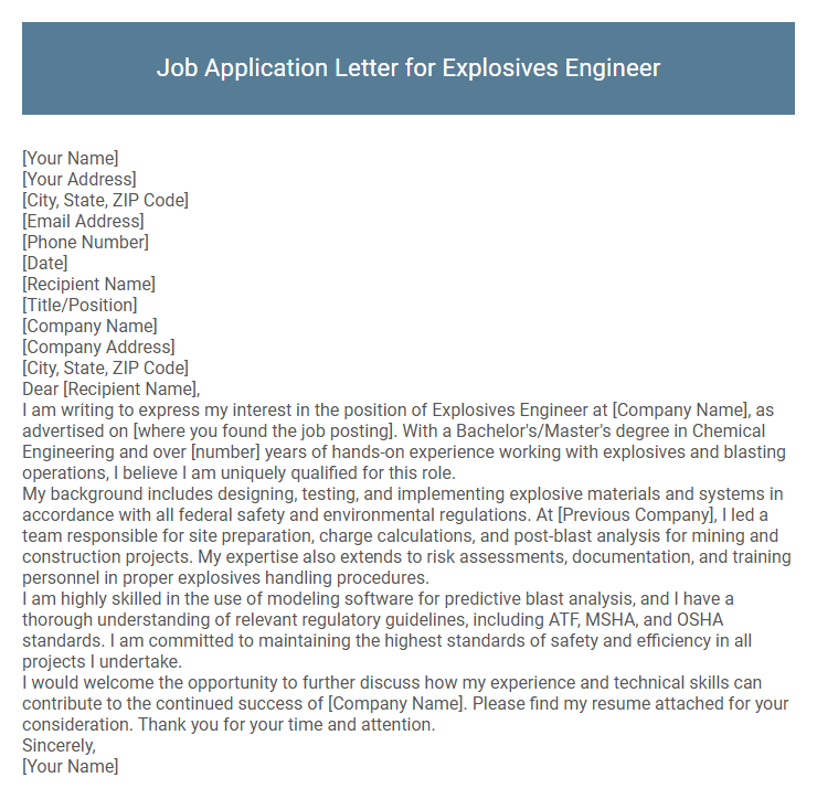 Job Application Letter for Explosives Engineer