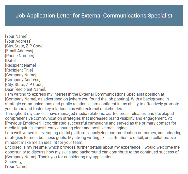 Job Application Letter for External Communications Specialist