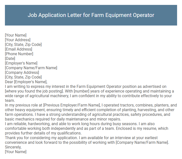 Job Application Letter for Farm Equipment Operator