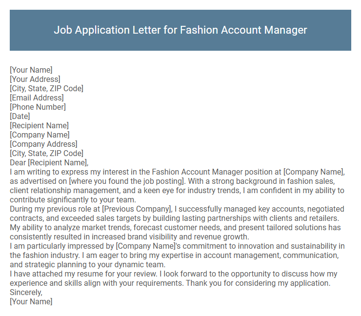 Job Application Letter for Fashion Account Manager