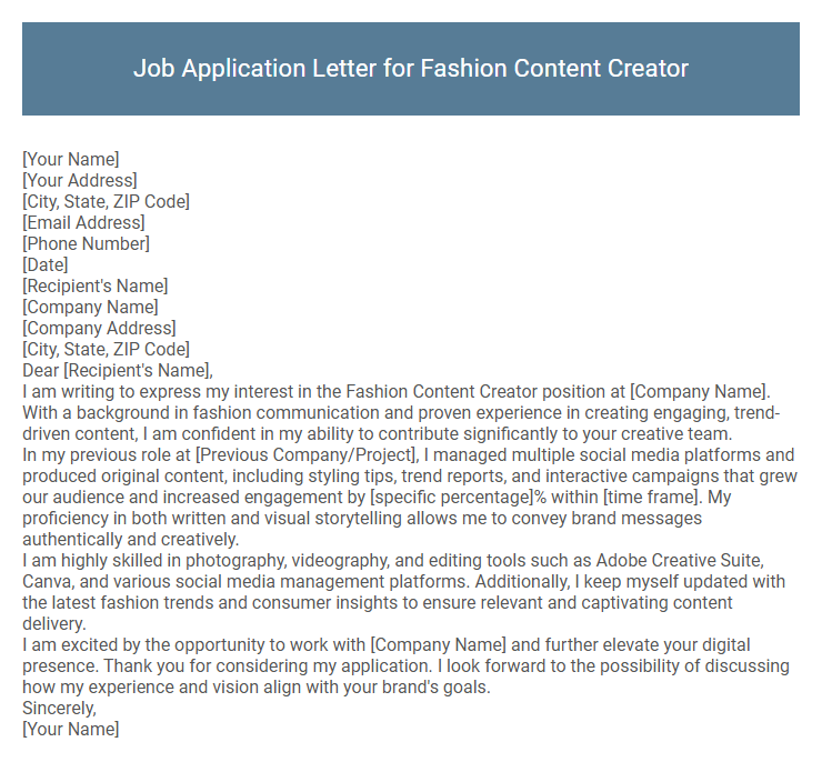Job Application Letter for Fashion Content Creator