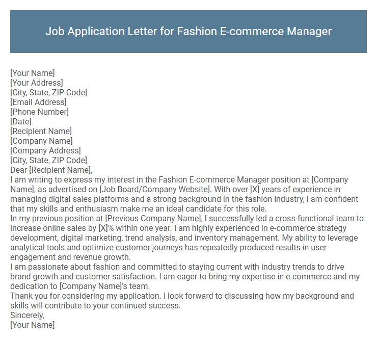 Job Application Letter for Fashion E-commerce Manager