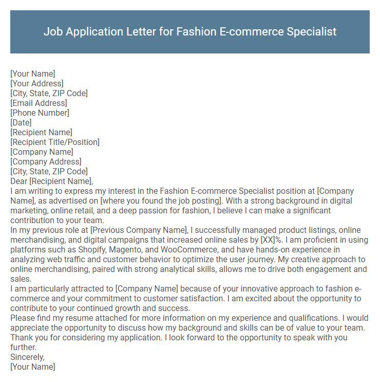 Job Application Letter for Fashion E-commerce Specialist