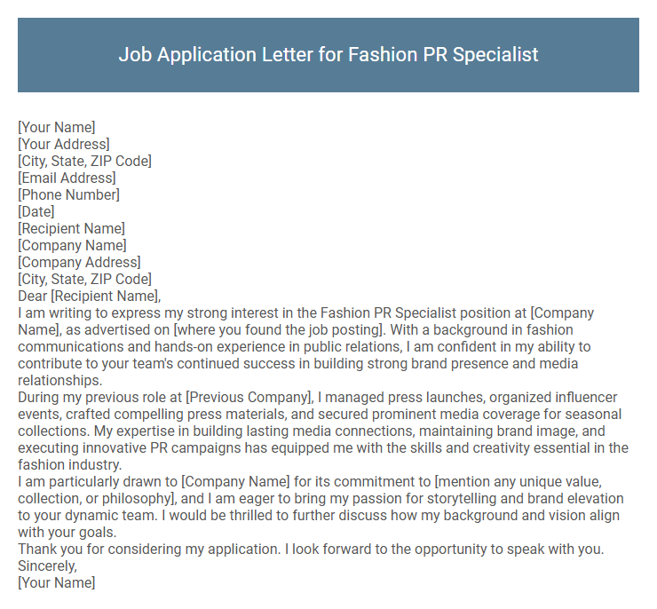 Job Application Letter for Fashion PR Specialist