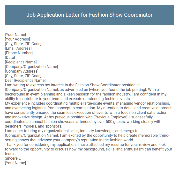 Job Application Letter for Fashion Show Coordinator