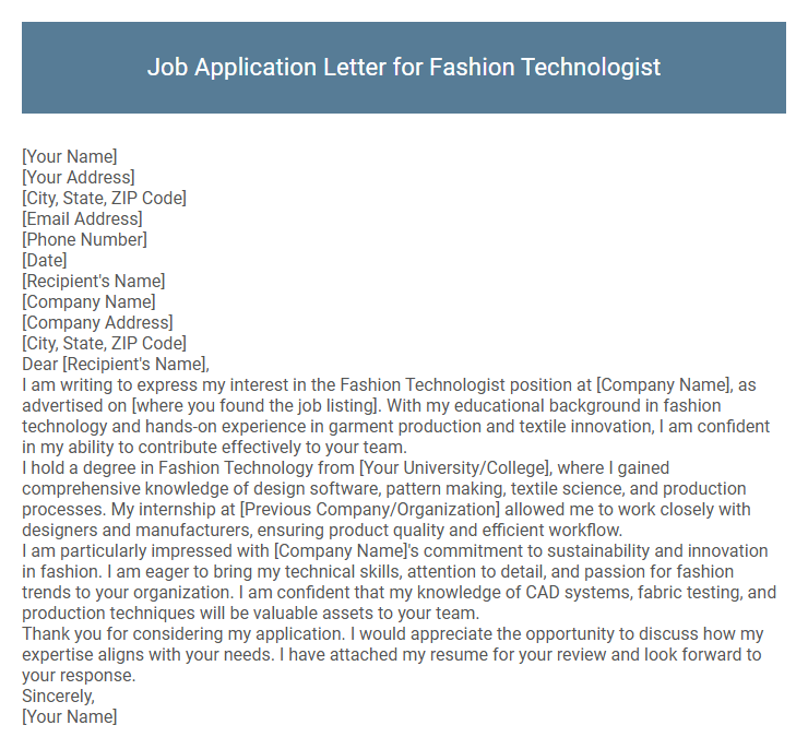 Job Application Letter for Fashion Technologist