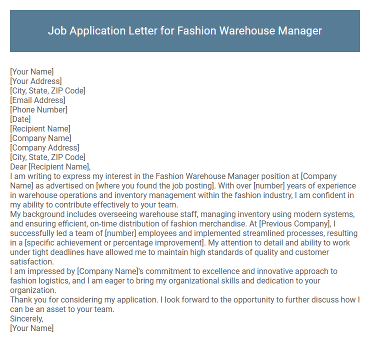 Job Application Letter for Fashion Warehouse Manager