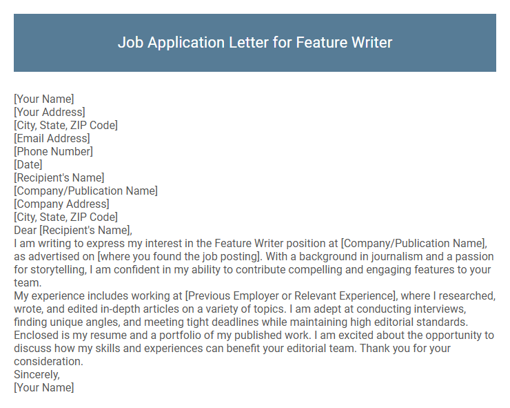 Job Application Letter for Feature Writer
