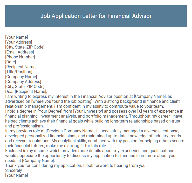 Job Application Letter for Financial Advisor