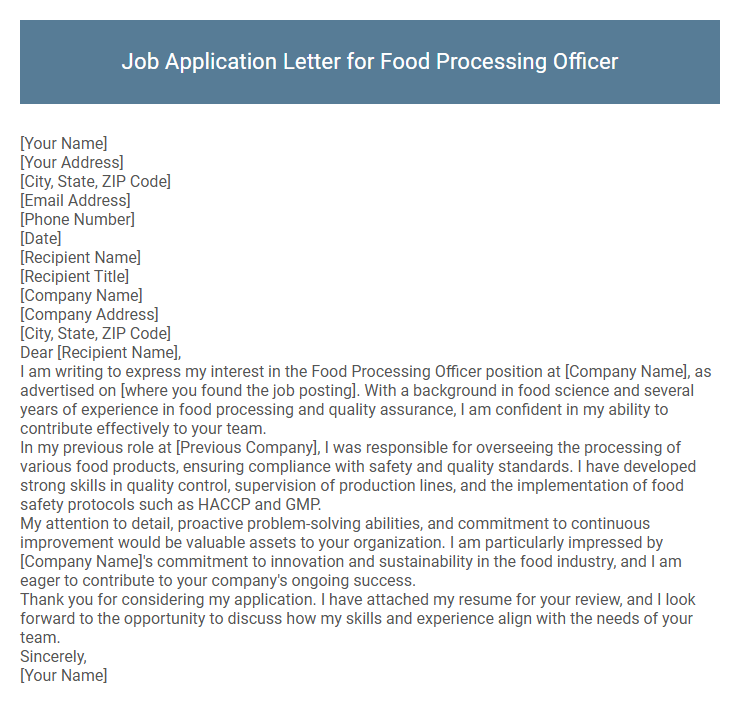 Job Application Letter for Food Processing Officer