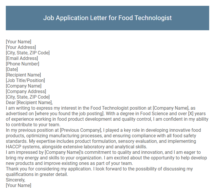Job Application Letter for Food Technologist
