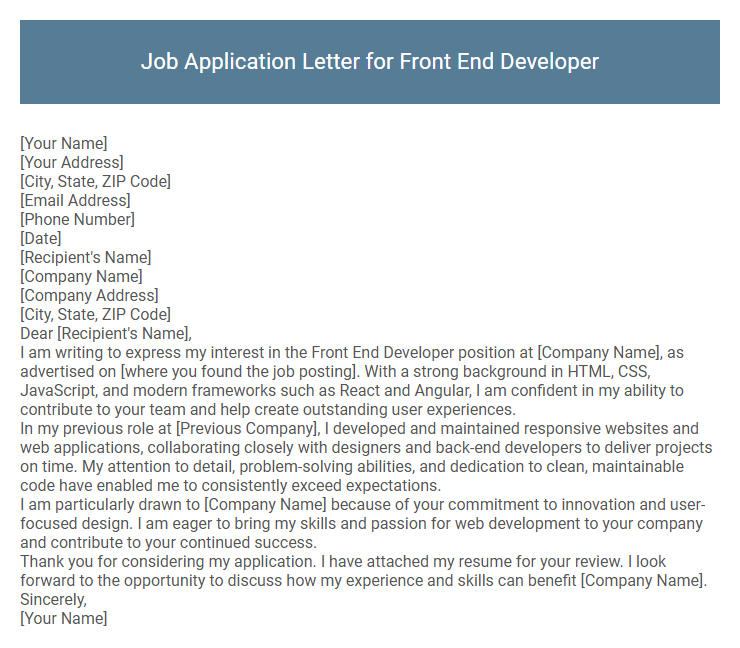 Job Application Letter for Front End Developer