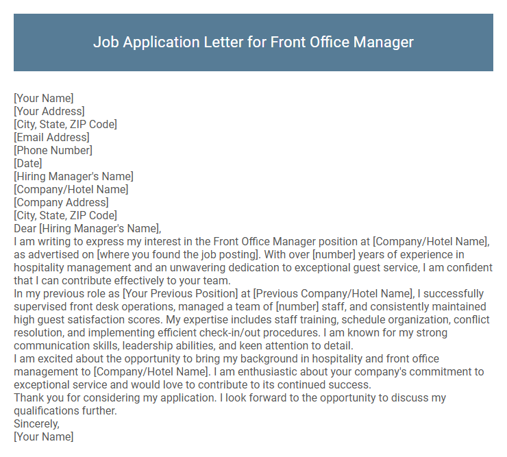 Job Application Letter for Front Office Manager