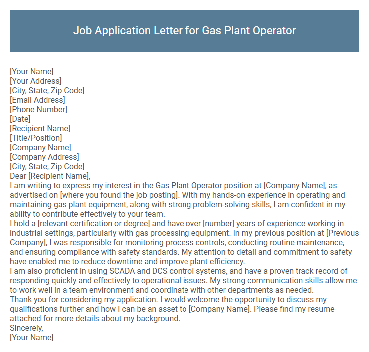 Job Application Letter for Gas Plant Operator