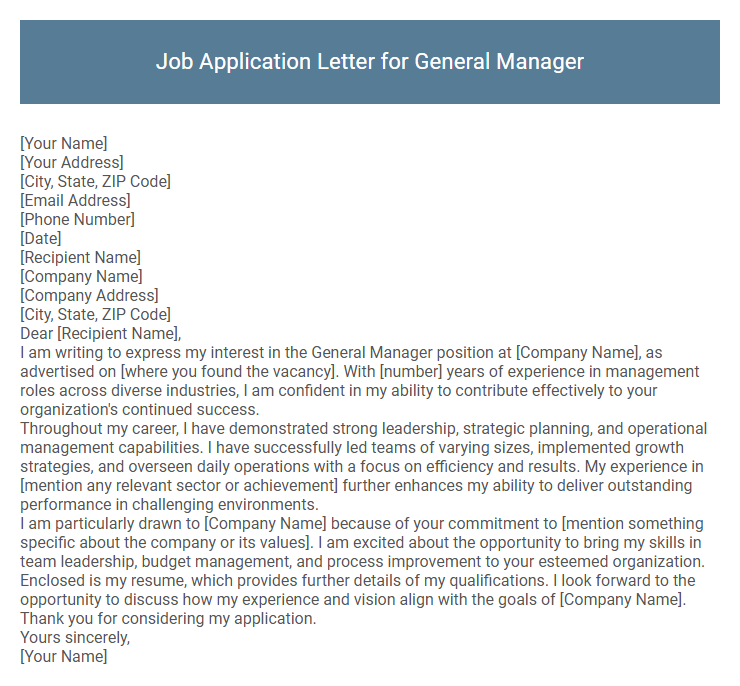 Job Application Letter for General Manager