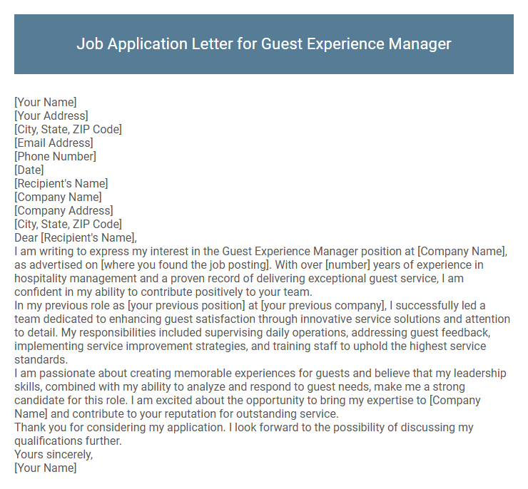 Job Application Letter for Guest Experience Manager