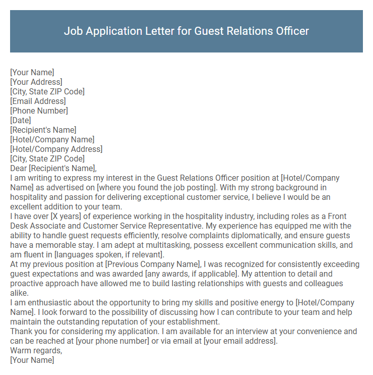 Job Application Letter for Guest Relations Officer