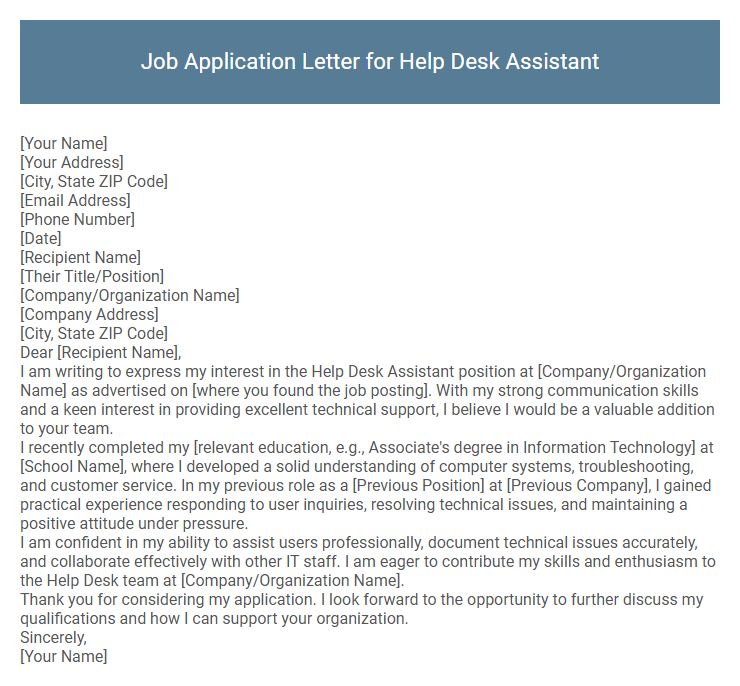 Job Application Letter for Help Desk Assistant