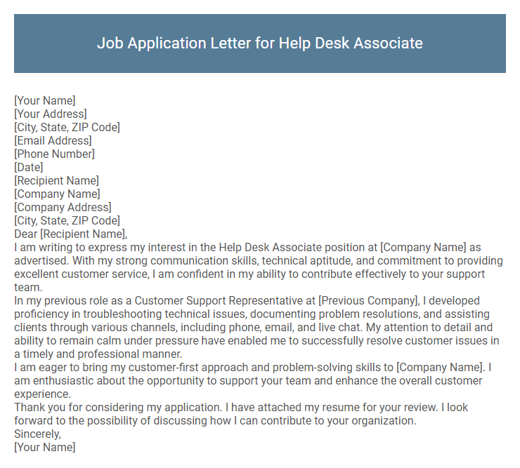 Job Application Letter for Help Desk Associate