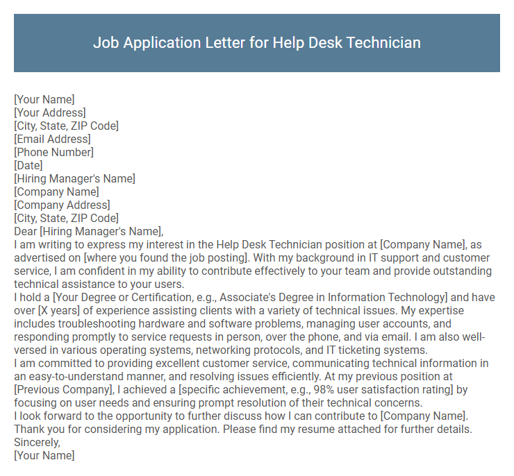 Job Application Letter for Help Desk Technician