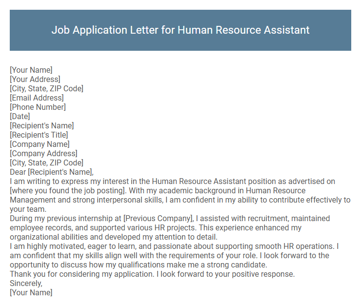 Job Application Letter for Human Resource Assistant