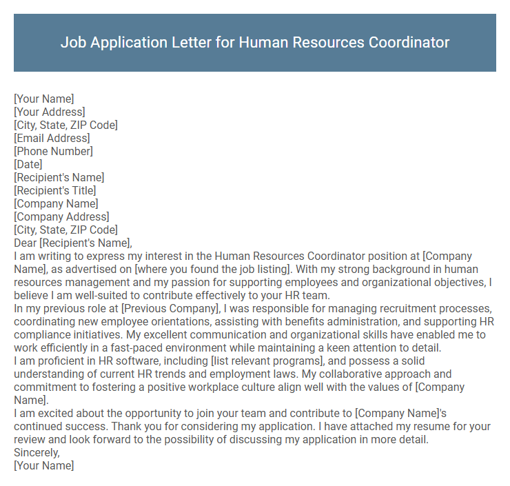 Job Application Letter for Human Resources Coordinator