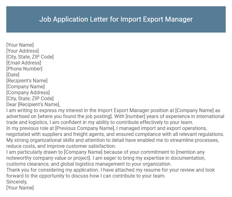 Job Application Letter for Import Export Manager