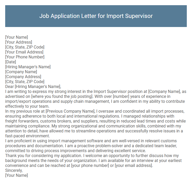 Job Application Letter for Import Supervisor